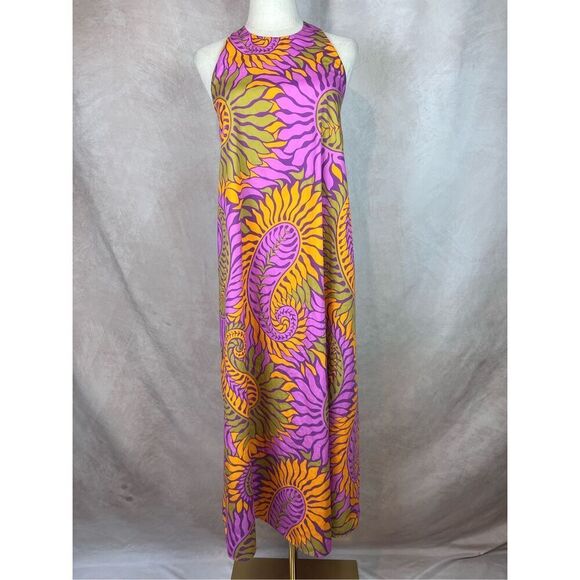 Zara Halter Maxi Dress Tropical Hawaiian Modern does 70s Sz Small 100% Cotton - Picture 1 of 7